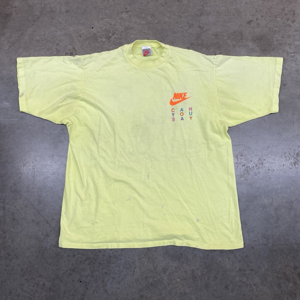 Vintage Nike Sun Faded Can Says‎ Kick Some Butt T Shirt 80s Neon Yellow Men's L
